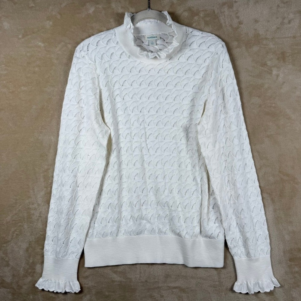 Sundance Women L White Pointelle Ruffle Mock Neck Cotton Modal Sweater Coquette